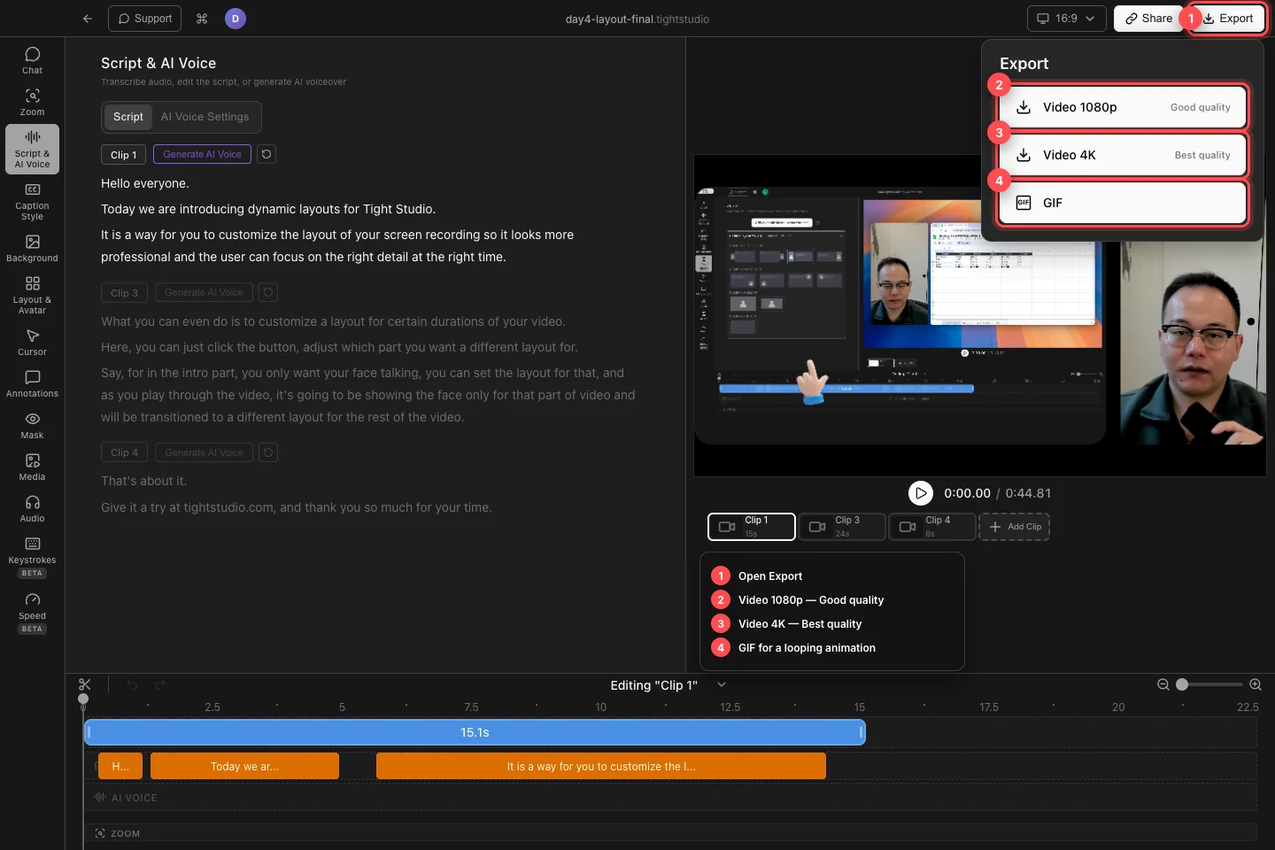 El proyecto de diseño dinámico day4 real con controles de exportación, video 1080p, video 4K y GIF esbozados y numerados.