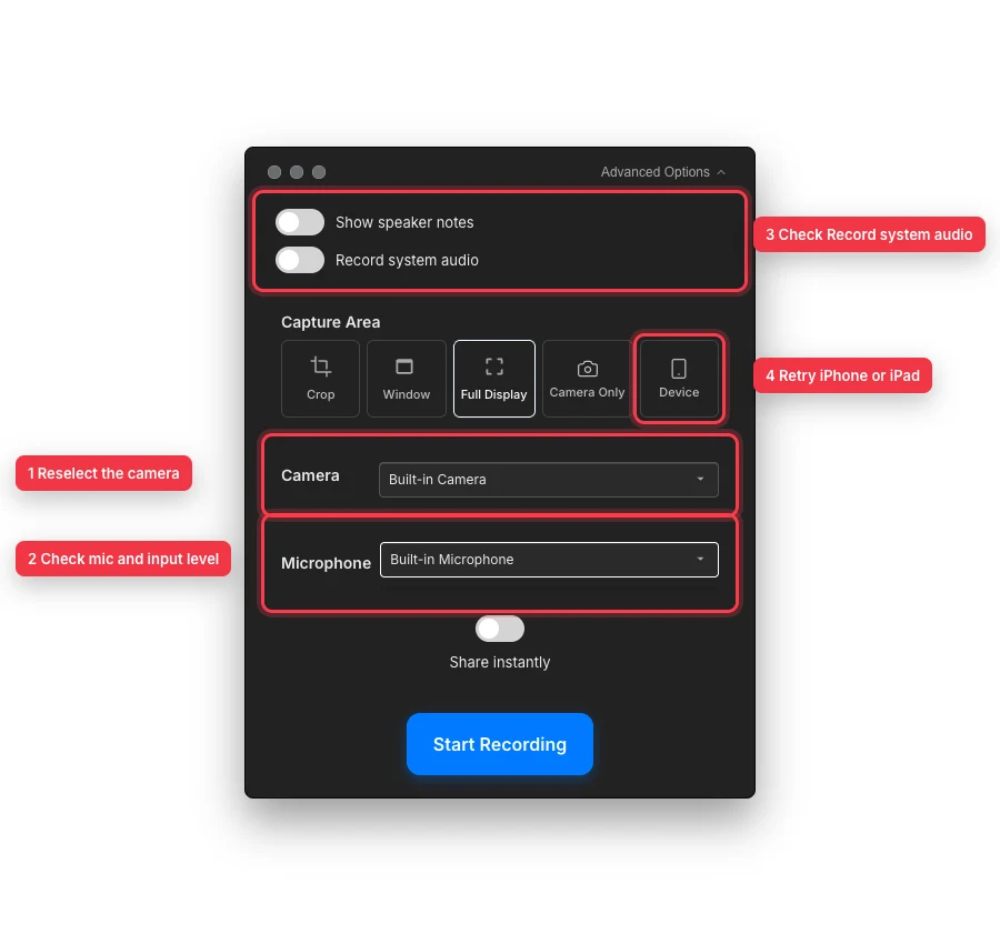 El Tight Studio controla la grabación con el selector de cámara, el selector de micrófono y el área de nivel, la opción de audio del sistema de grabación y el botón de captura del dispositivo con llamadas numeradas.