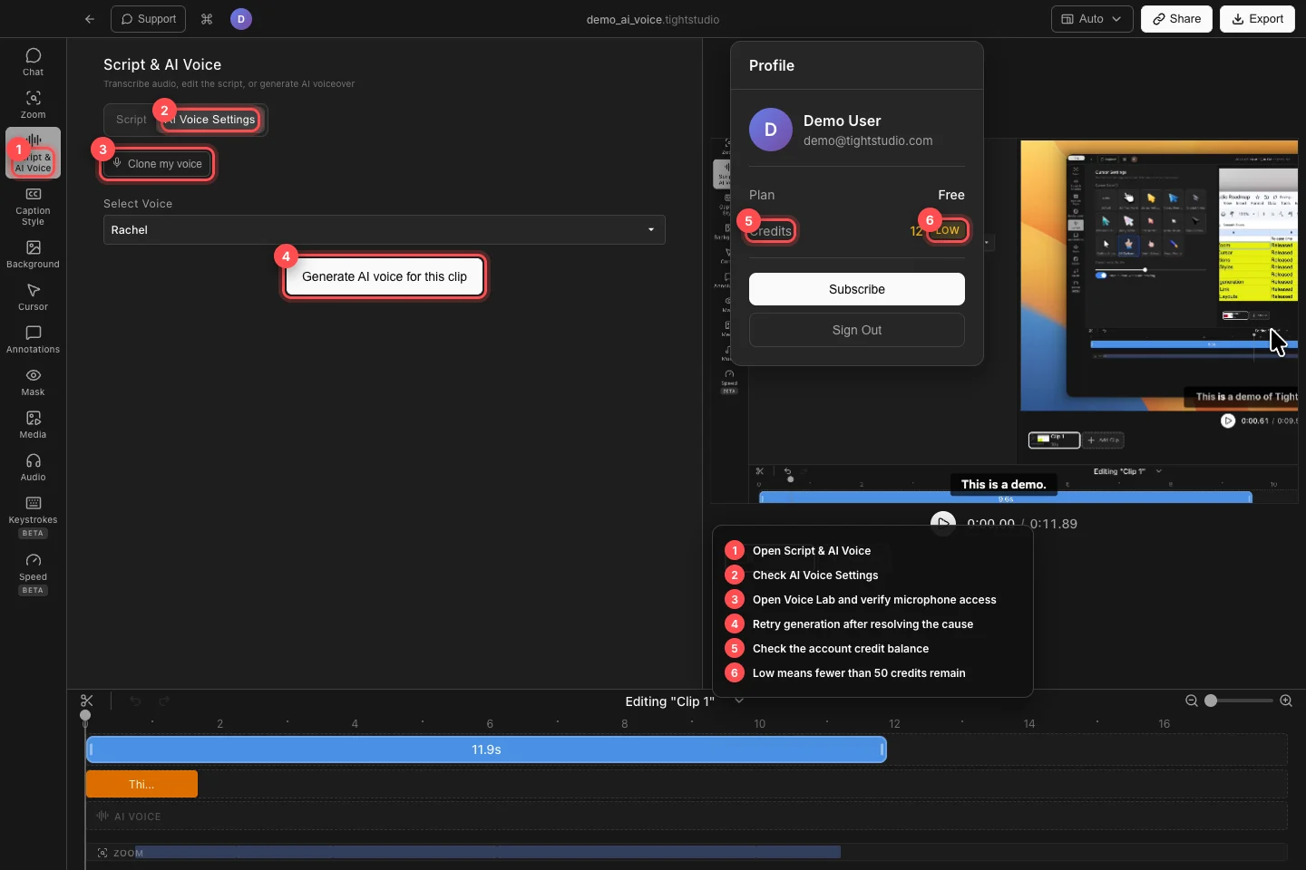 El proyecto real demo_ai_voice con Script y AI Voice, AI Voice Settings, Clon my voice, Generar voz AI y un saldo de crédito bajo numerado.