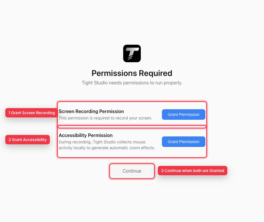 La ventana Tight Studio Permisos Requerido con Permiso de Grabación de Pantalla, Permiso de Accesibilidad y el botón deshabilitado Continuar con llamadas numeradas.