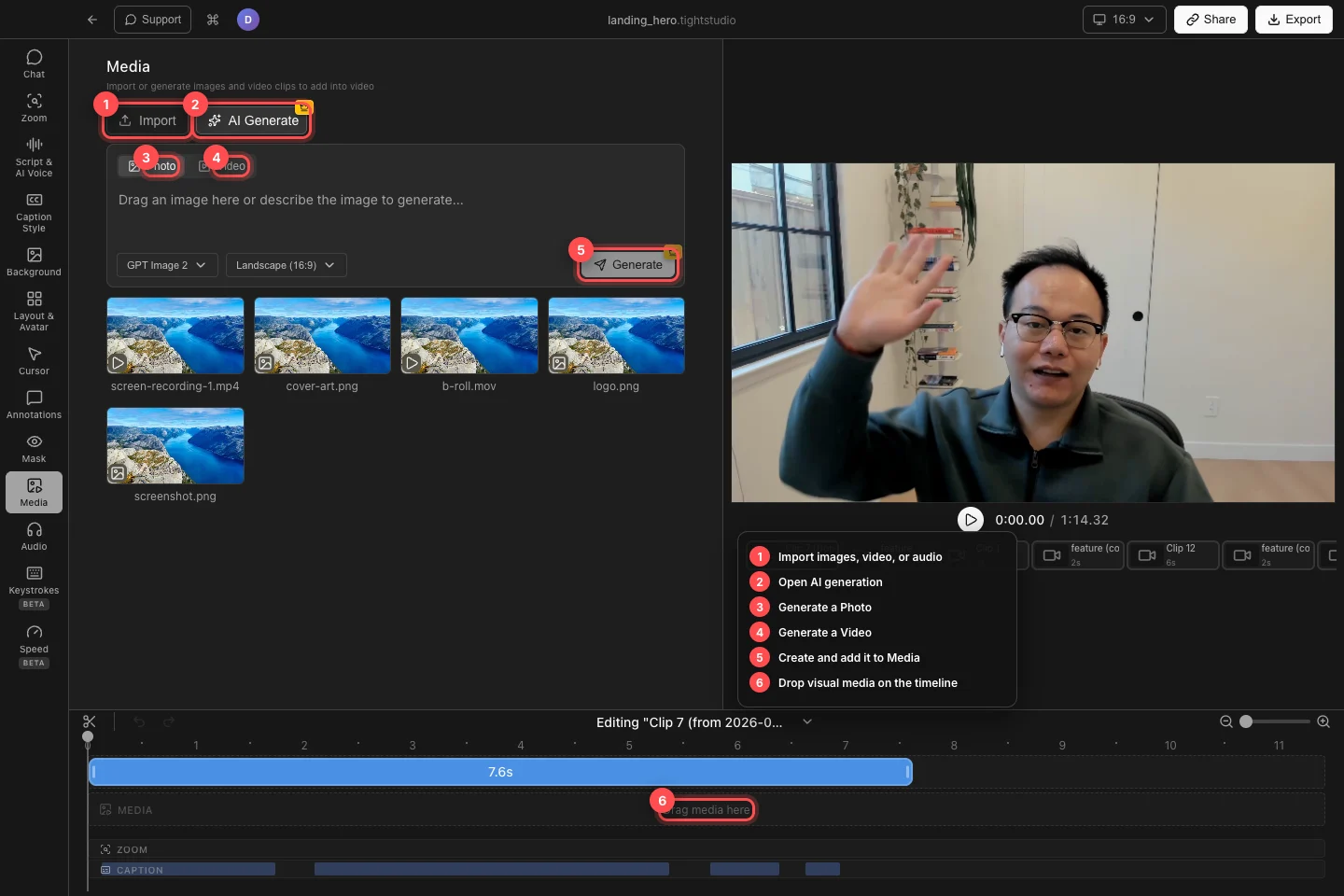 El verdadero proyecto de aterrizaje héroe con Importación, Generar AI, Foto, video, Generar, y el área de caída de línea de tiempo de los medios numerada en el panel de medios.