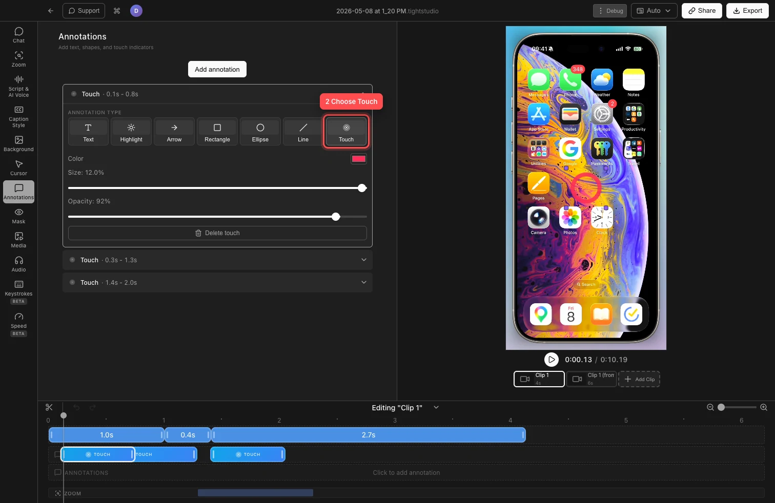 Tight Studio editando una grabación iPhone real con el tipo de anotación Touch resaltado, una onda roja visible en el teléfono, y sus controles de estilo abiertos.