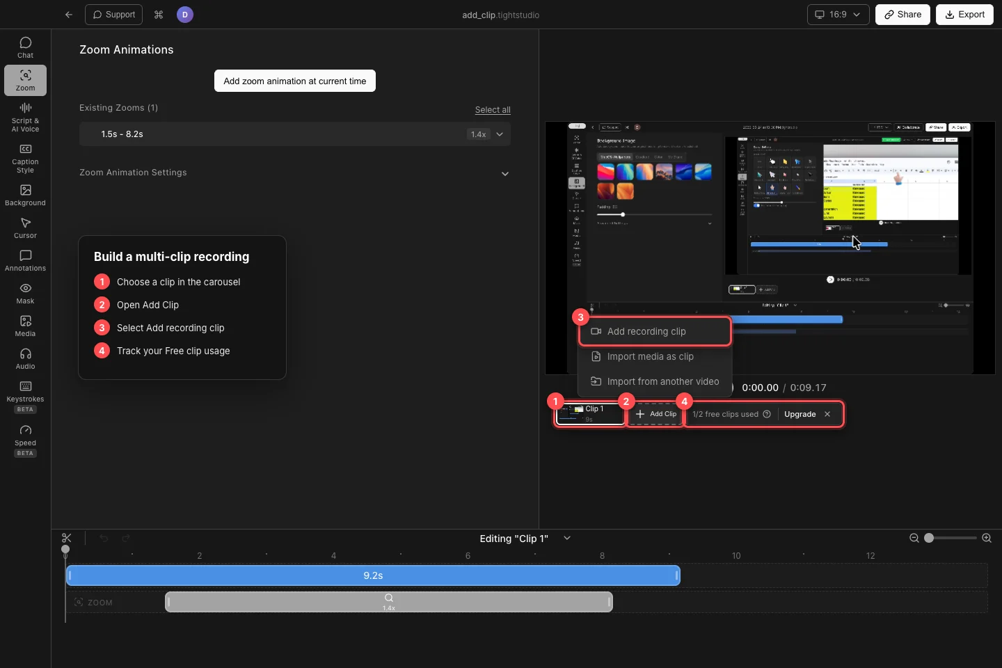 Un proyecto Tight Studio real con el clip seleccionado, botón Añadir clip, elemento de menú de clip de grabación Agregar y 1/2 clips gratis usados insignia resaltada.