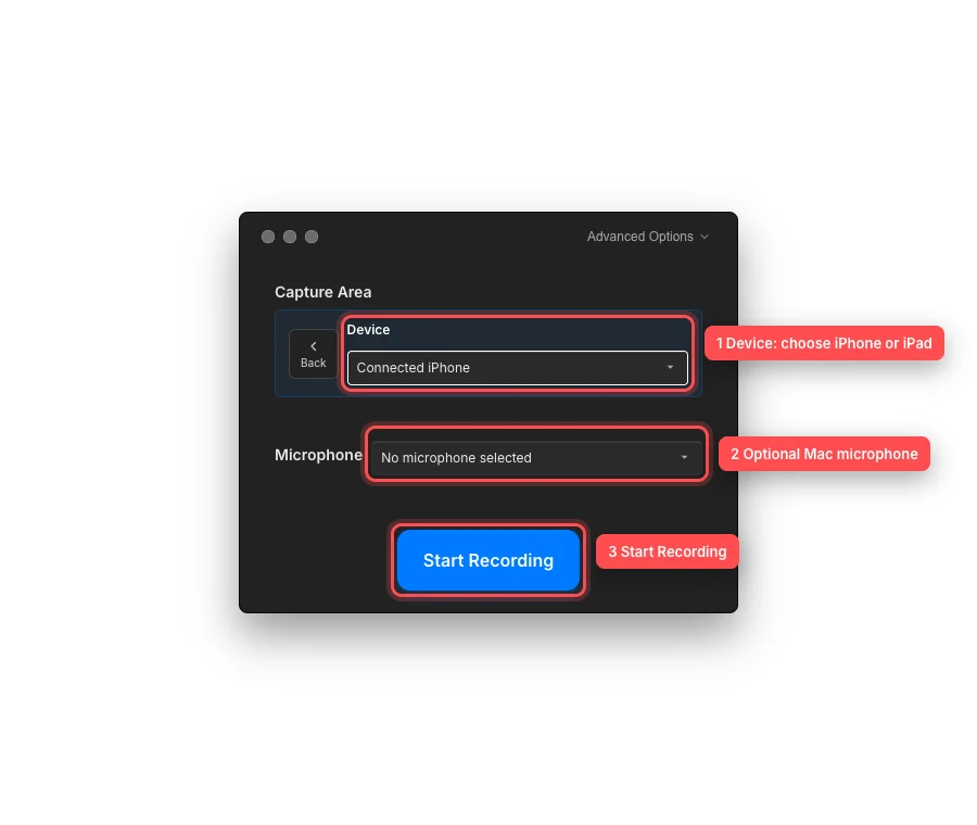 El modo de grabación del dispositivo con el selector iPhone conectado, micrófono opcional Mac y botón Inicio de grabación resaltado.