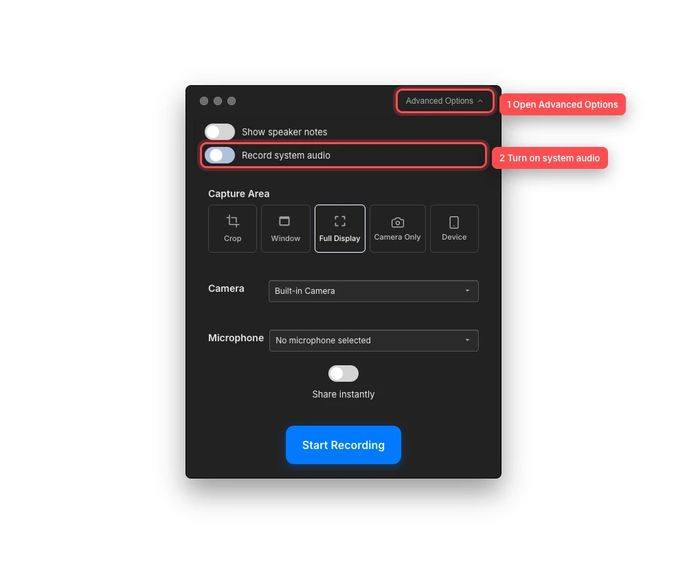 El grabador Tight Studio con Opciones avanzadas y el interruptor de audio del sistema de grabación activado se esbozan y numeran en rojo.