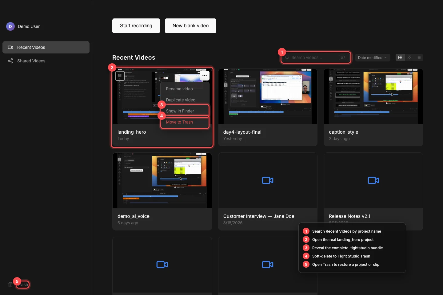 videos recientes con proyectos Tight Studio reales y el menú landing_hero, Mostrar en Finder, Mover a la Papelera, buscar y navegación de la Papelera numerada.