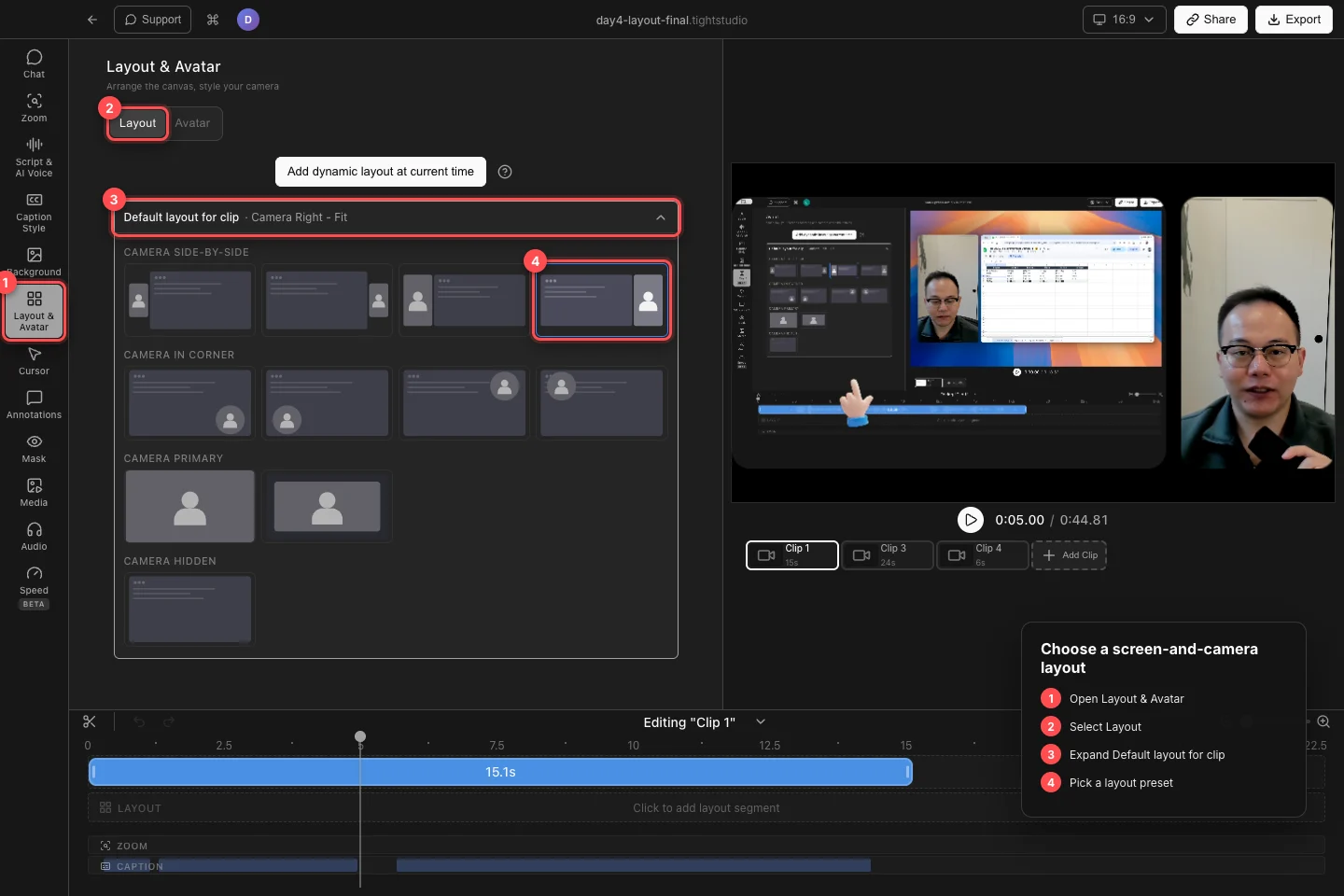 Un proyecto real de hoja de cálculo y cámara con diseño y Avatar, la subtab de diseño, diseño predeterminado para clip y el preset seleccionado de la cámara derecha - ajuste resaltado.