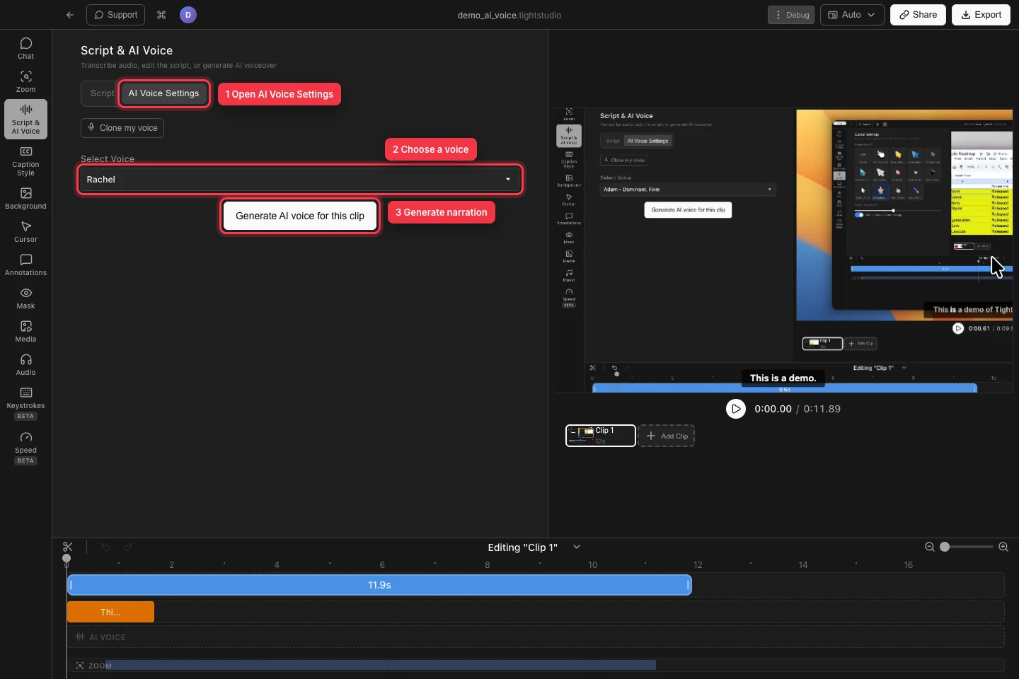 El proyecto real demo_ai_voice con las opciones de voz AI, la voz Rachel seleccionada y la voz AI para este botón de clip se esboza con llamadas numeradas.