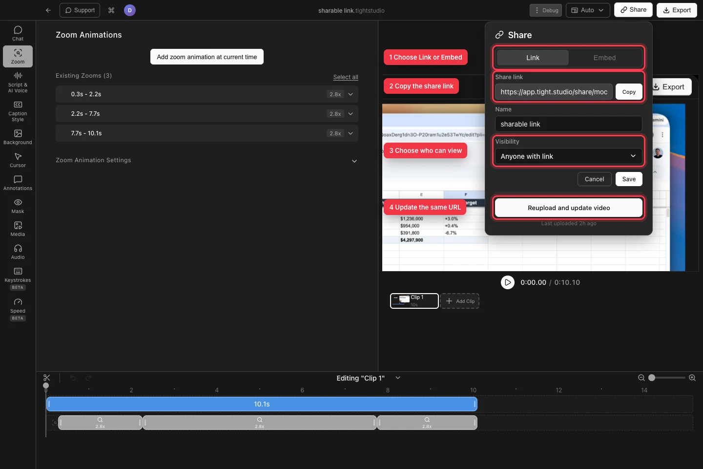 El proyecto de enlace sharable real con las pestañas Enlace y Insertar del diálogo Compartir, compartir URL, control de visibilidad, y Reupload y actualizar el botón de video descrito con llamadas numeradas.