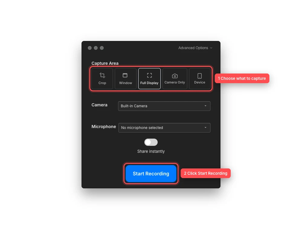Tight Studio controla la grabación con las cinco opciones de modo de captura y el botón Iniciar grabación delineado y numerado en rojo.