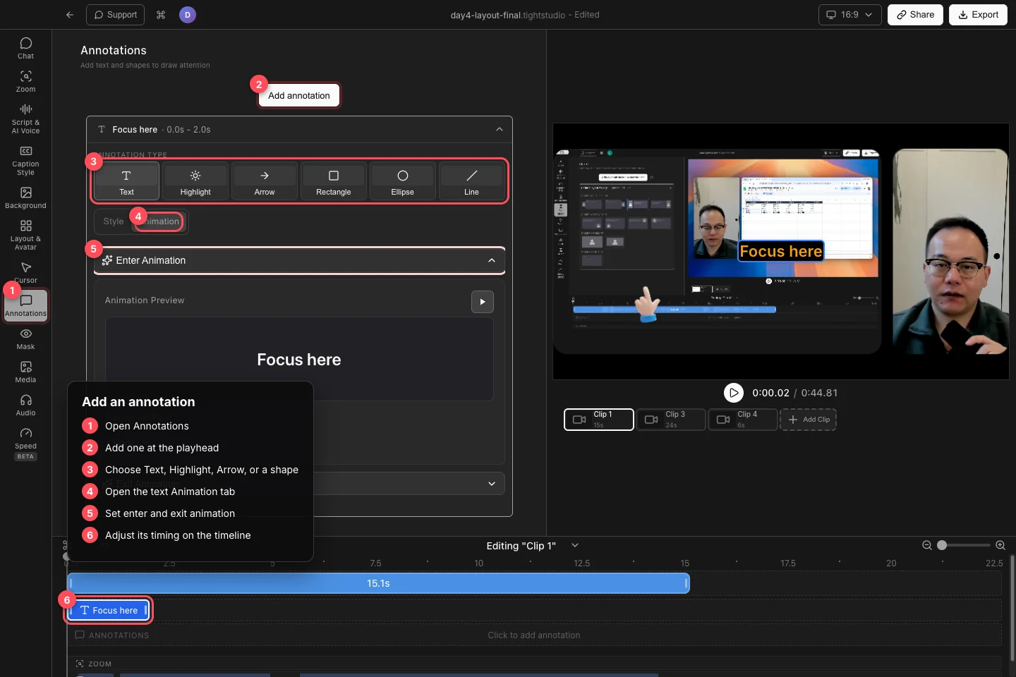 Un proyecto Tight Studio real pulido con Anotaciones, Agregar anotación, los seis tipos de anotación, controles de animación de texto y el segmento de línea de tiempo de anotación resaltado.