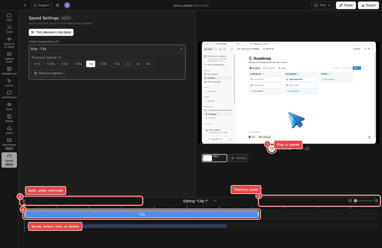 Un proyecto Tight Studio real con contornos rojos numerados alrededor de Play, la herramienta Split y controles de historia, zoom de línea de tiempo y un segmento seleccionado de video azul.