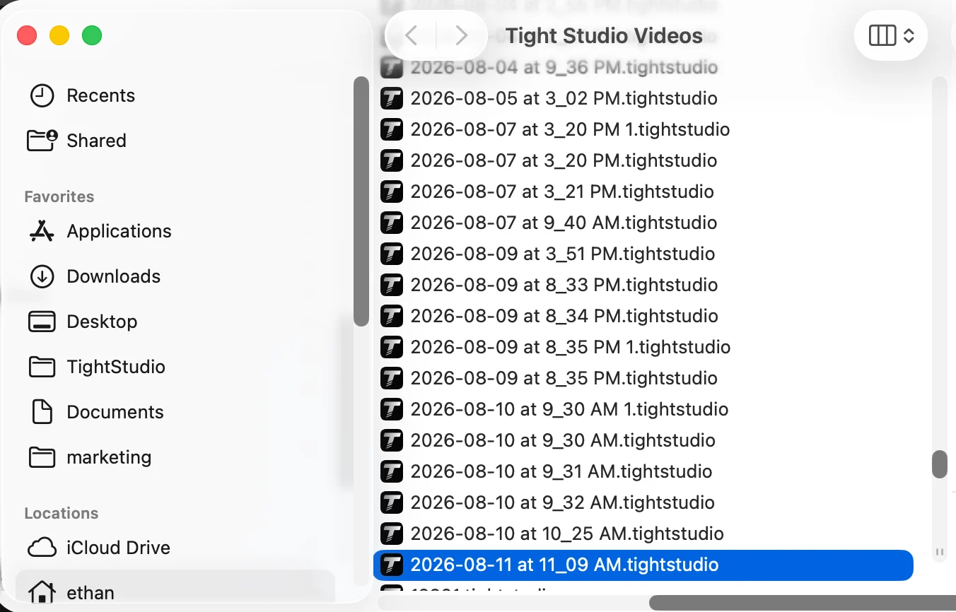 Finder showing the Tight Studio Videos folder with a .tightstudio project selected.