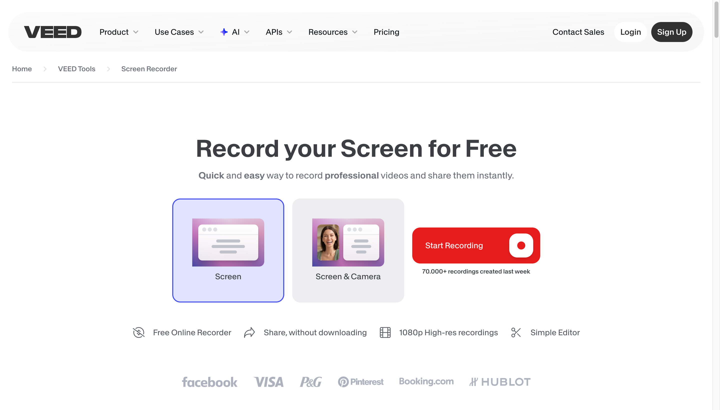Veed.io browser-based screen recorder and editor interface