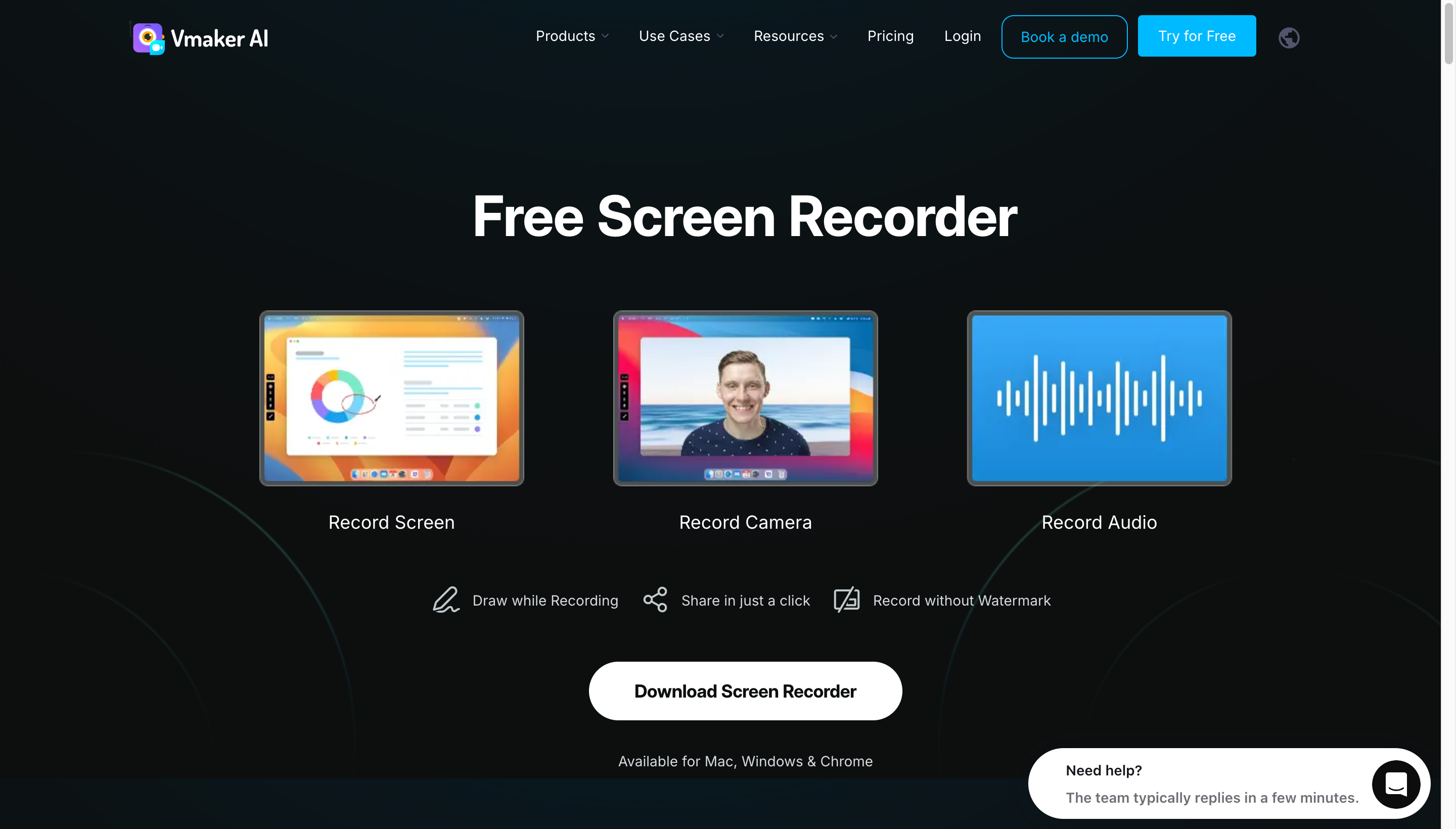 Vmaker browser-based screen recorder workspace view