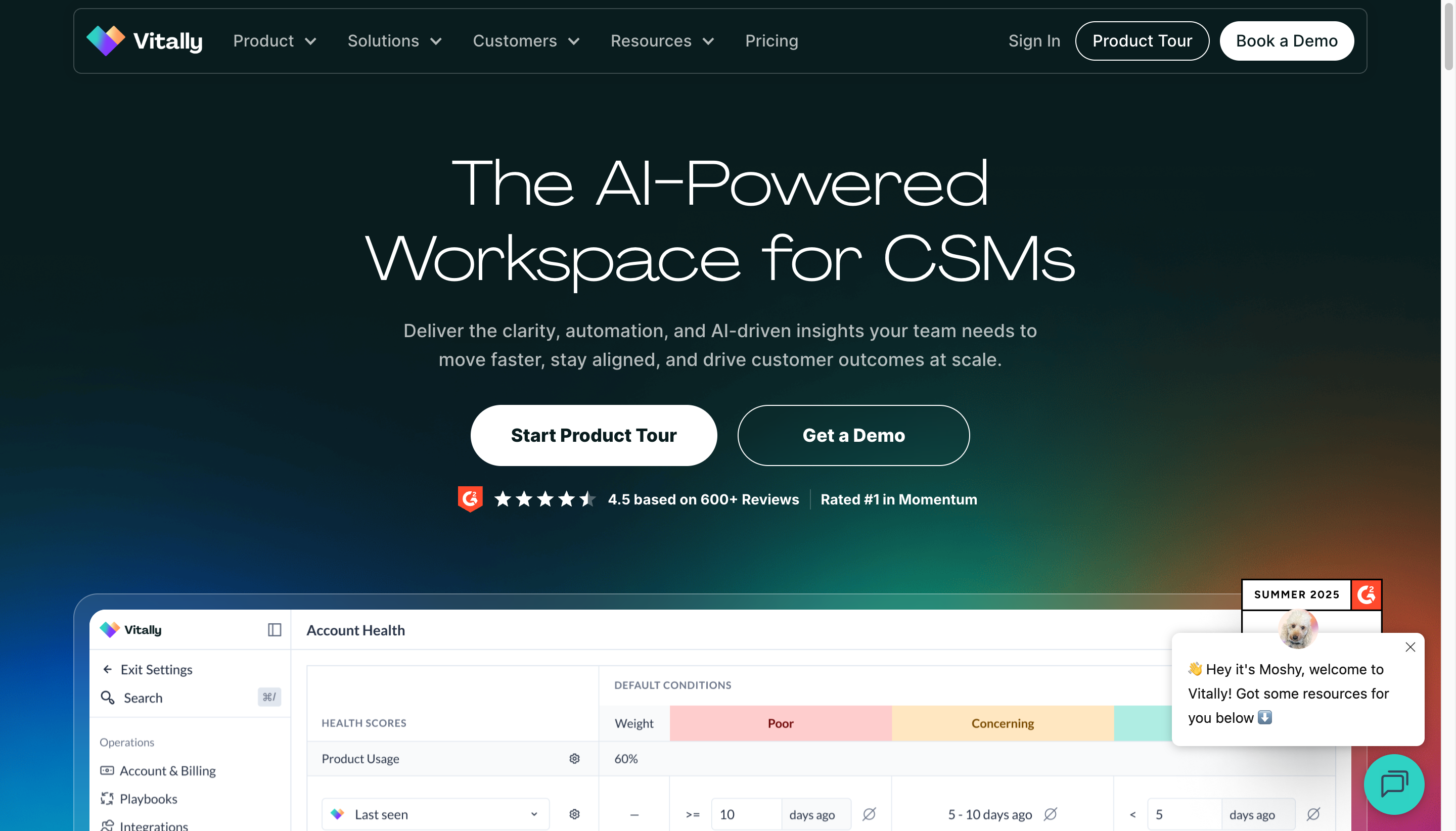 Vitally CSM workspace with account health and product views