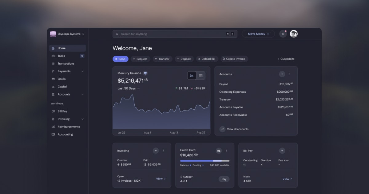 Mercury startup banking dashboard