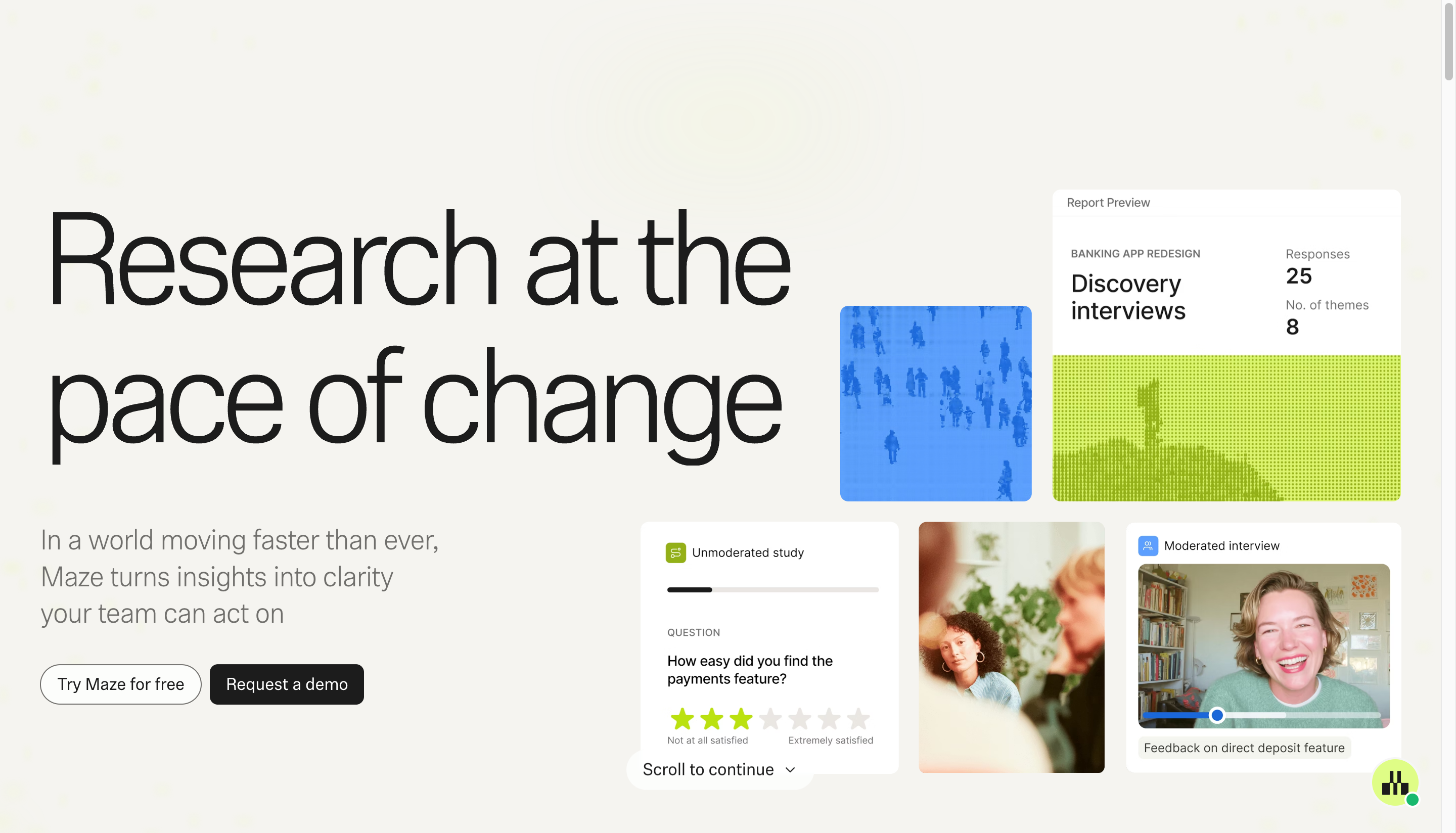 Maze platform showing research preview, surveys, and moderated interviews