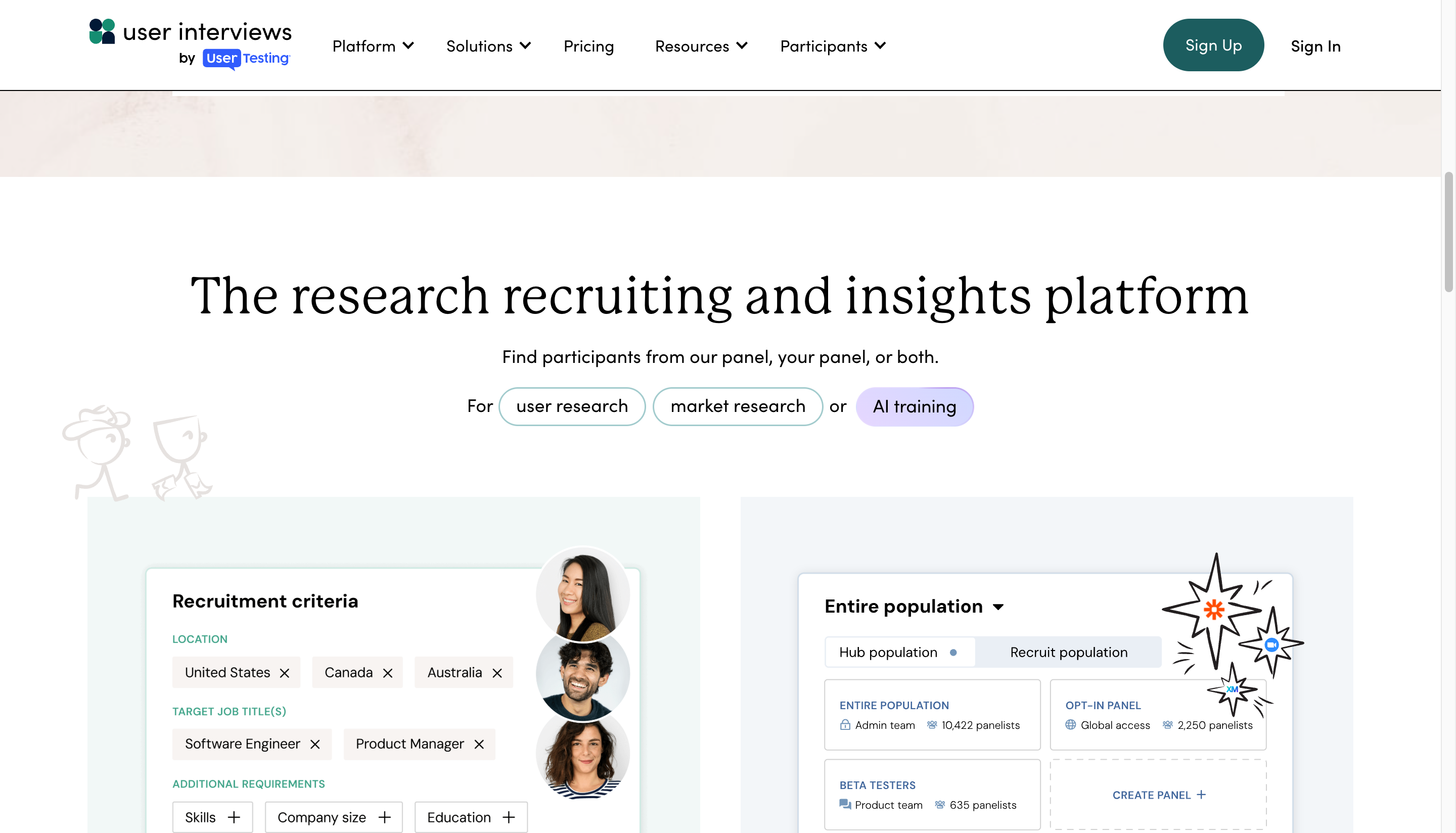 User Interviews recruitment criteria with target professions and locations