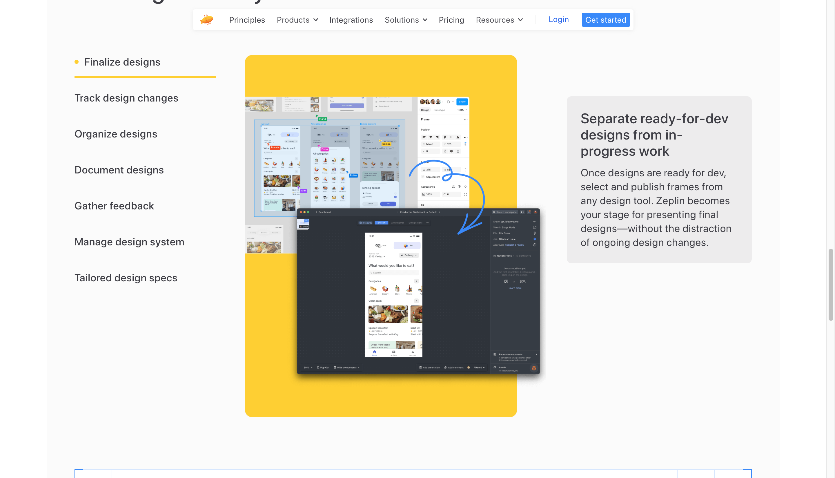 Zeplin design delivery showing finalized screens separated from work-in-progress
