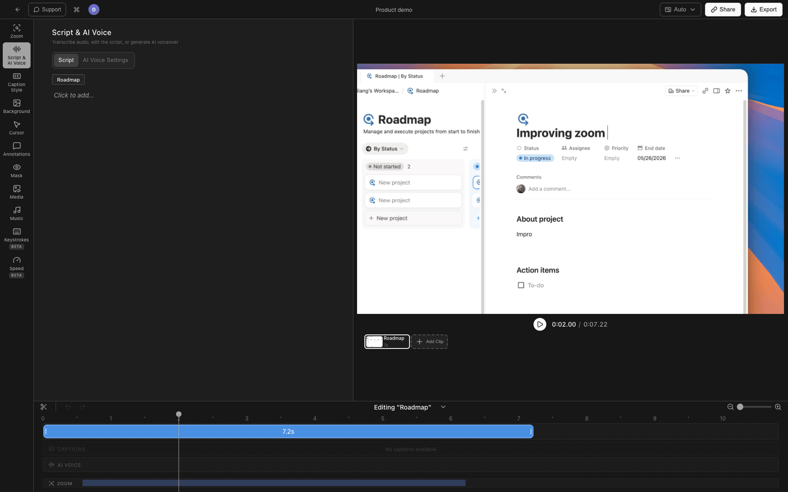 Tight Studio generating an AI voiceover from a script