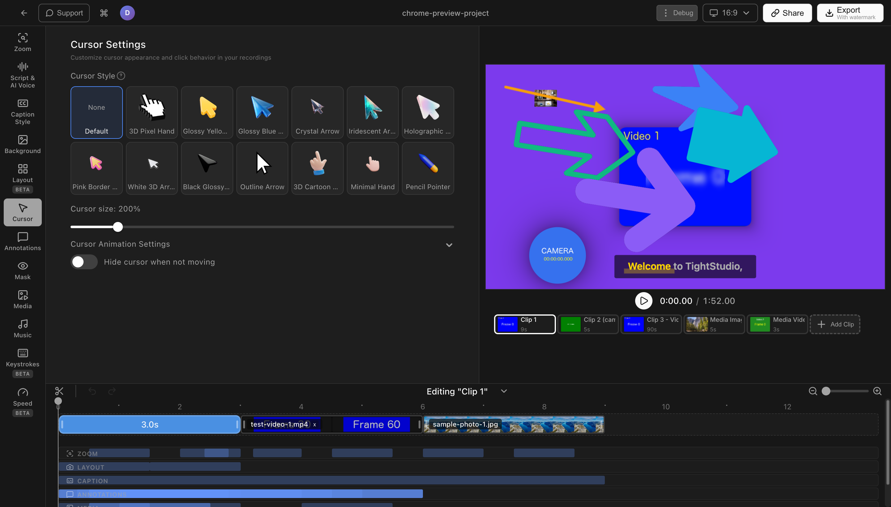 Tight Studio cursor settings panel with cursor style options, size slider, and animation toggles