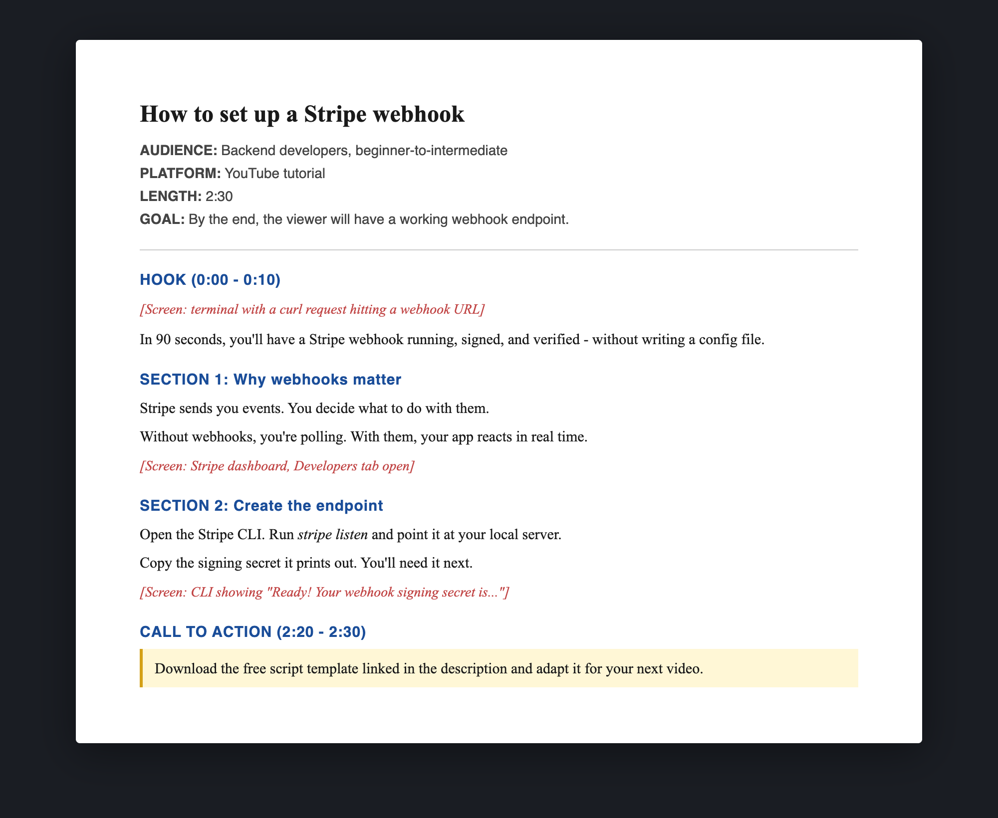 Example video script formatted with hook, sections, visual cues, and call to action