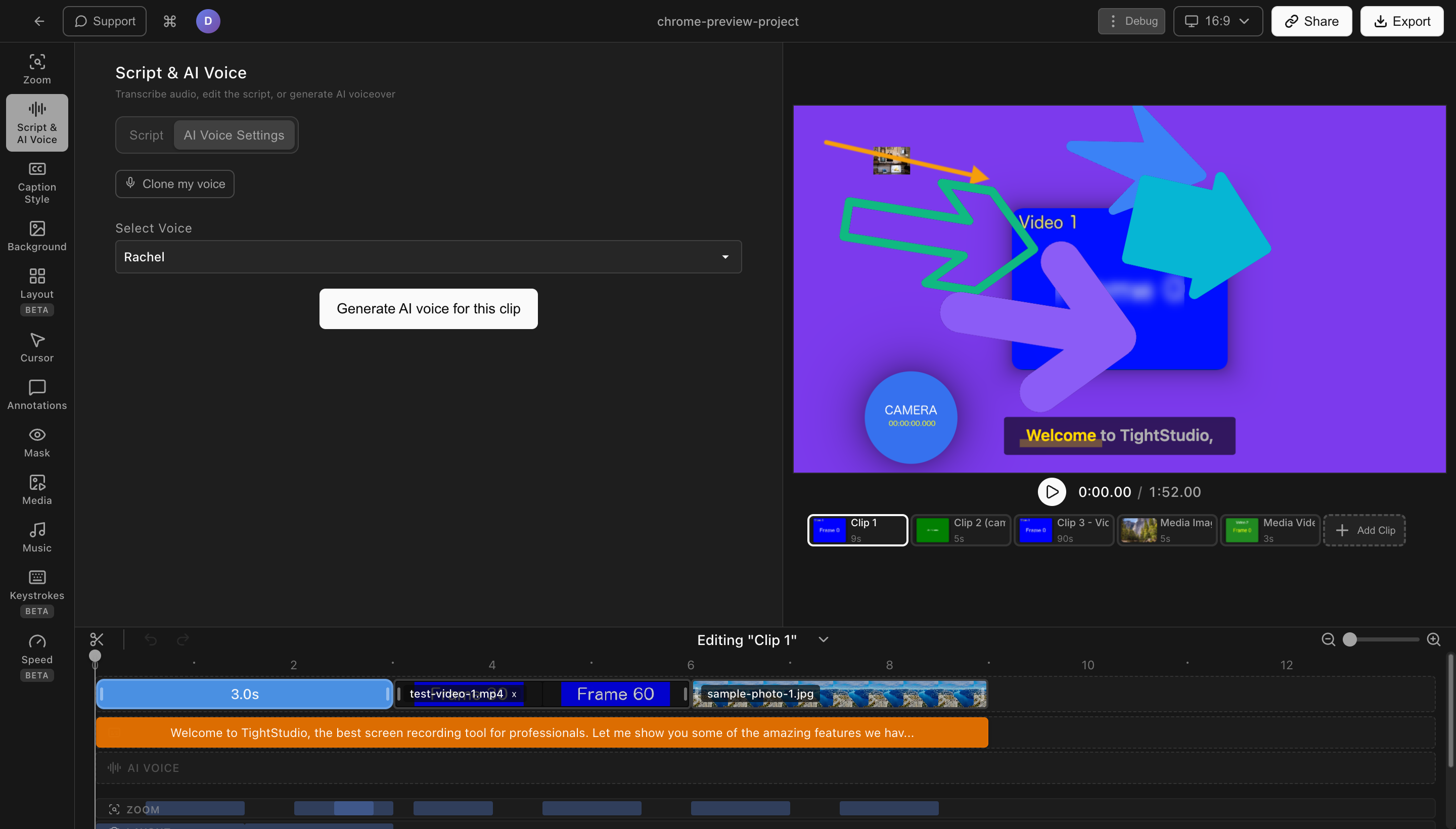 Tight Studio AI voice settings with voice selection and clone-my-voice option