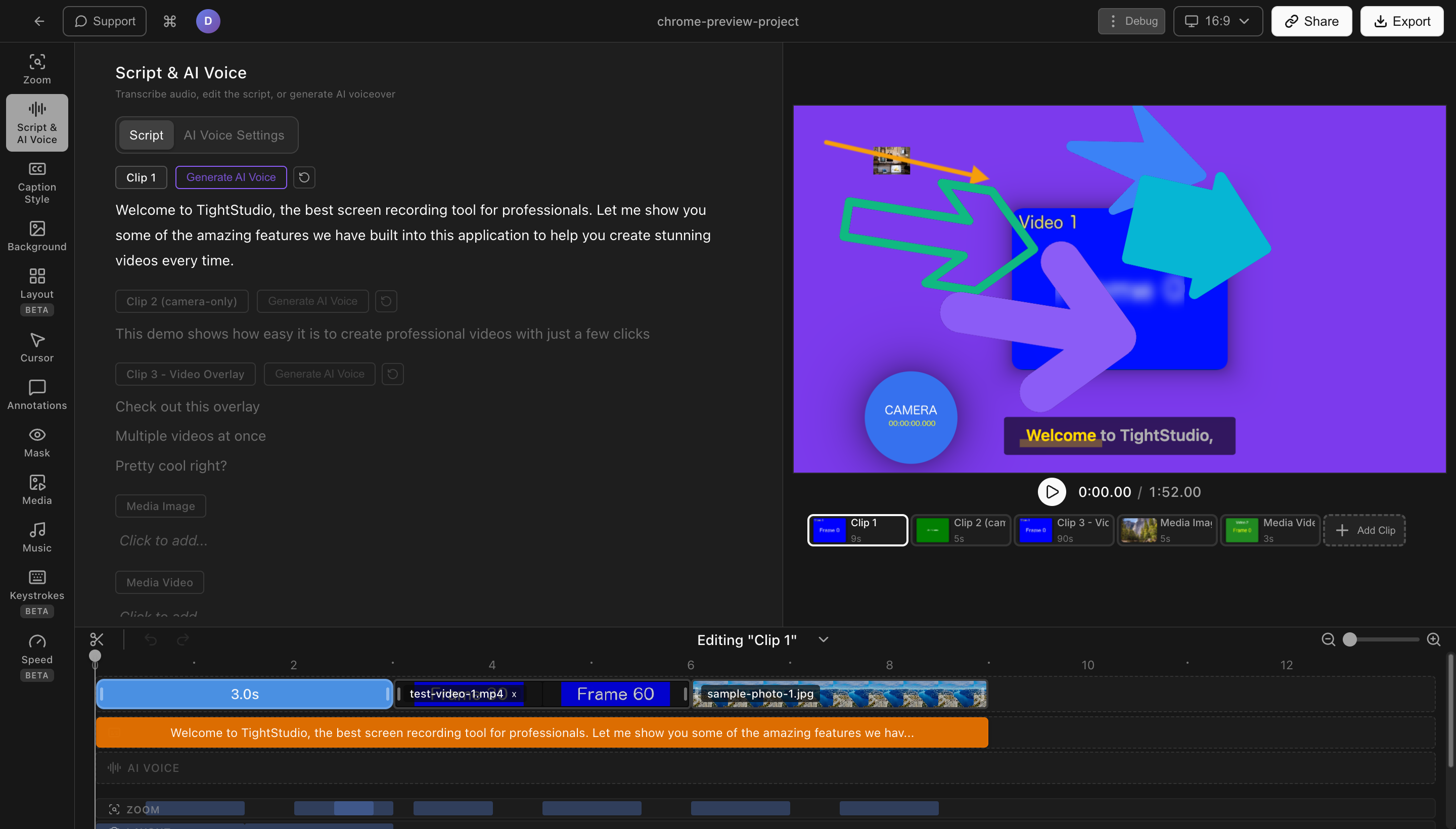 Tight Studio Script and AI Voice panel showing per-clip script editing and AI voiceover generation